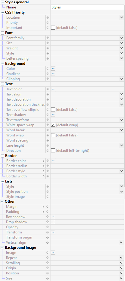 Two details of the property editor showing various style properties