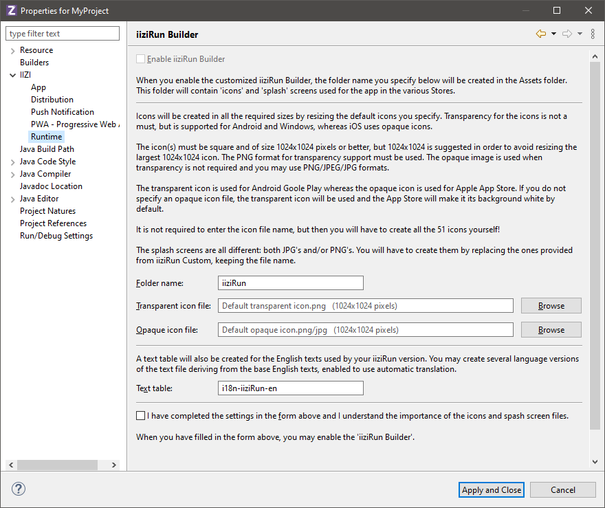 The instructions and forms under Runtime for enabling iiziRun Builder