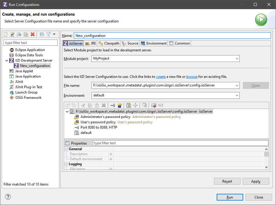 The iiziServer editor for quick configuration of a development server