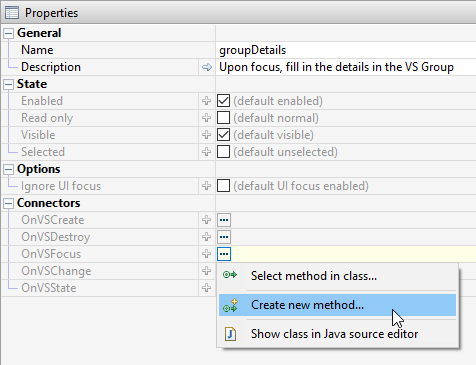 Creating Java methods on VirtualSpace events in the properties view of the VirtualSpace editor