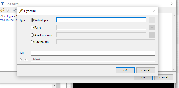 The hyperlink connection prompt from the link tool in the text editor toolbar