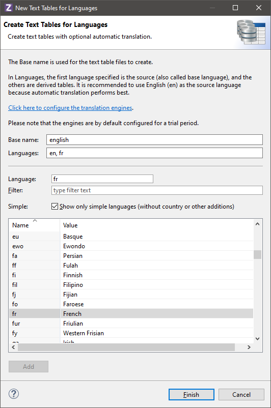 A new Text table wizard with language choices